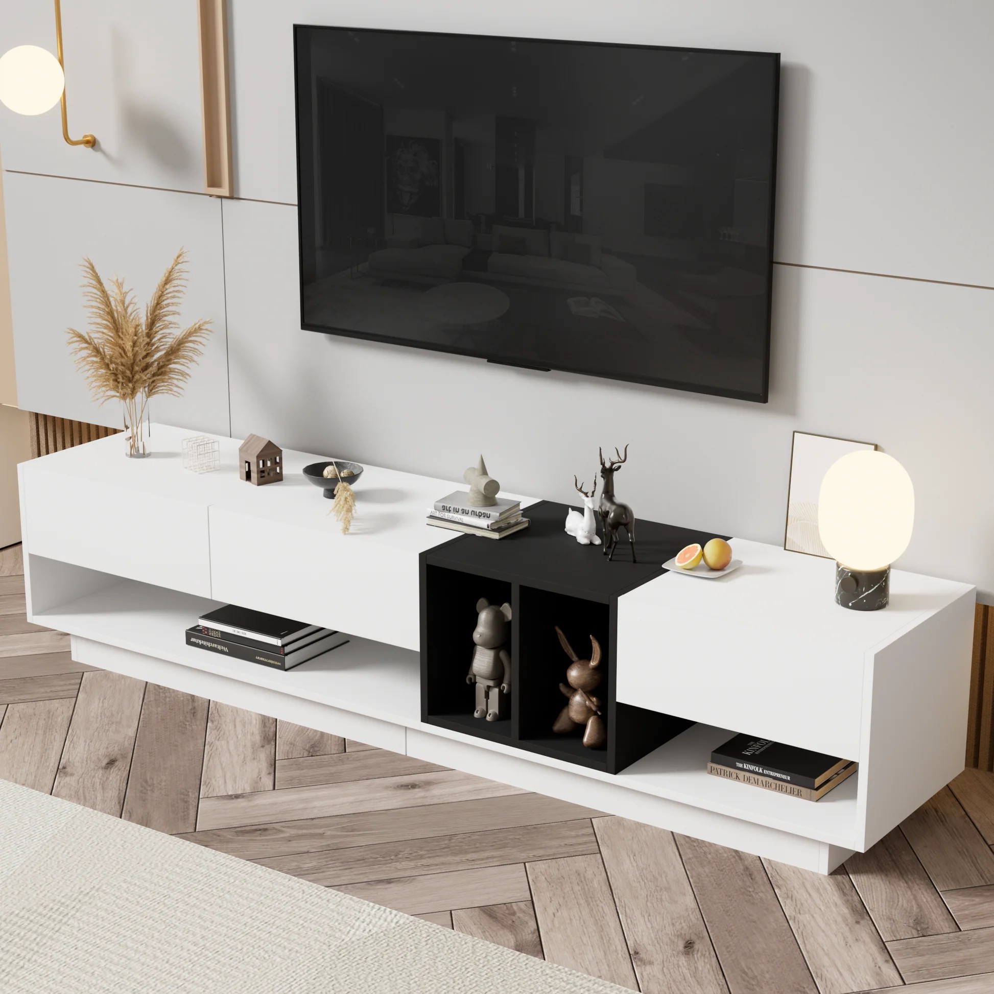 Soporte moderno y elegante para televisión con solución de almacenamiento perfecta, consola de medios bicolor para televisores de hasta 80'', gabinete funcional para TV con compartimentos versátiles para sala de estar, blanco WF311772AAK63956400998146120