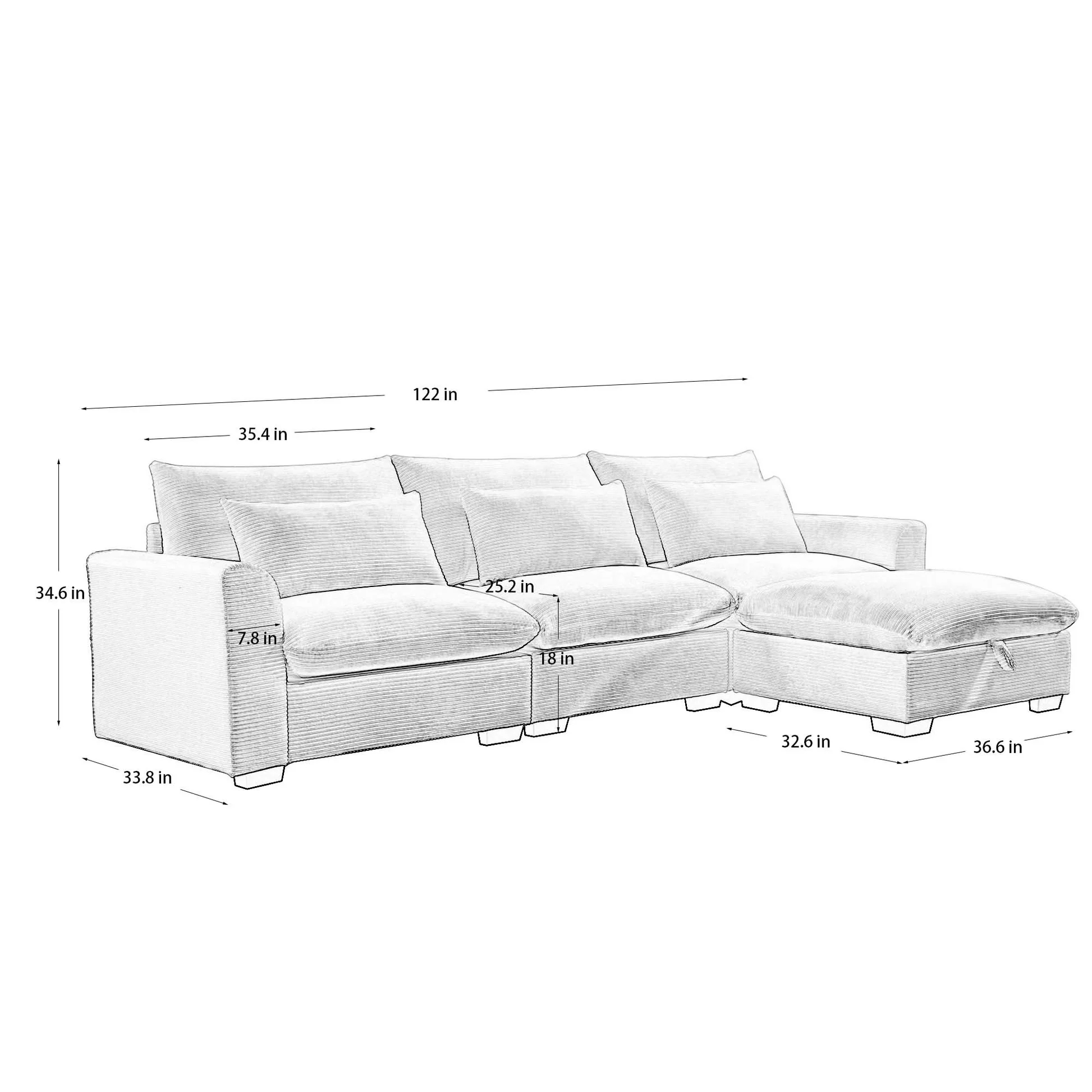 Corduroy Sectional Sofa, L Shaped Couch with Storage Footstool and 3 Pillow, Sectional Couch for Living Room Apartment, Beige W714S0064163886850871939122