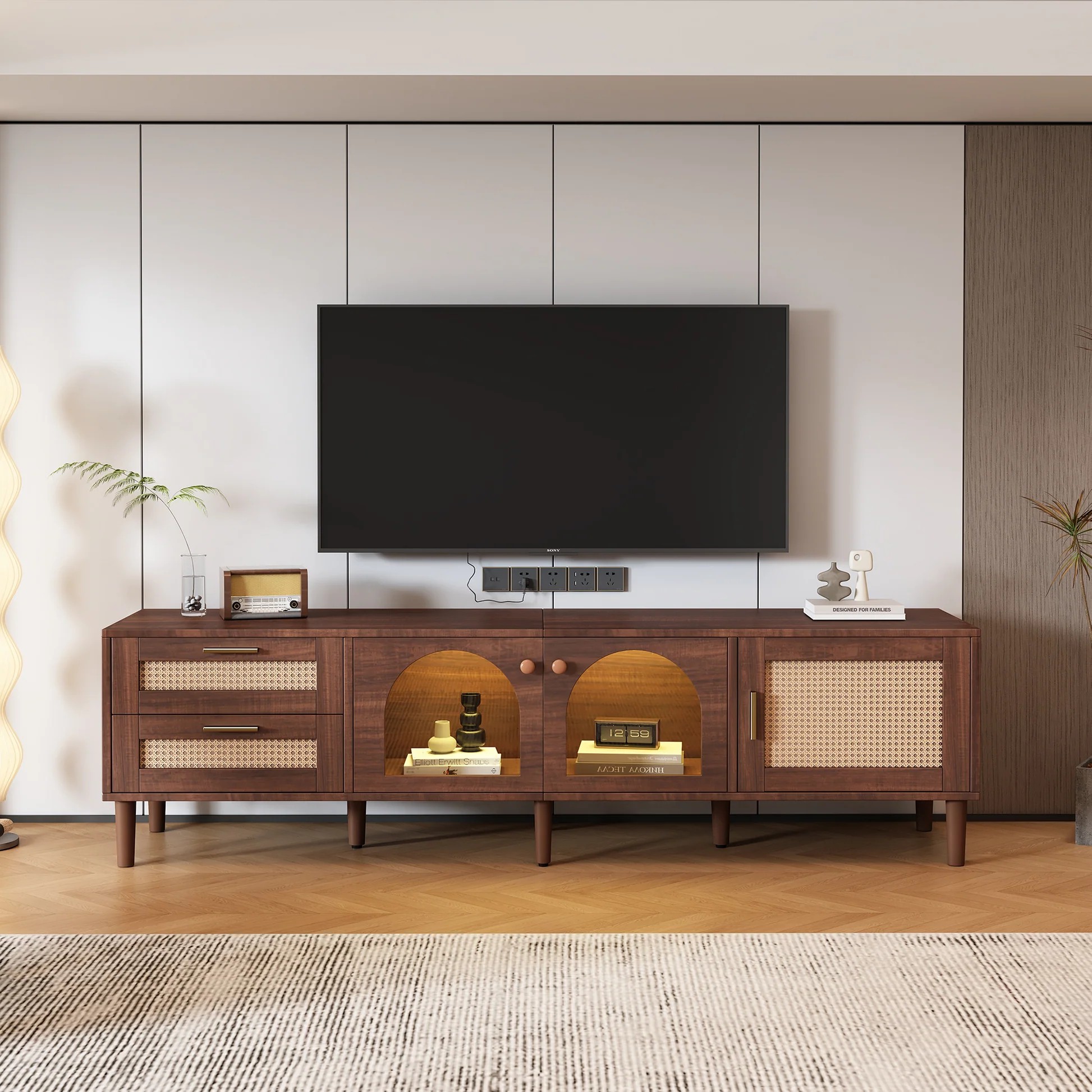 Rattan TV Stand with 3 Cabinets & 2 Drawers, Rattan-inspired Media Console Table for TVs up to 80'', LED Light Entertainment Center, TV cabinet for Living room, Bedroom, Home Theatre WF324225AAP63956772833410121