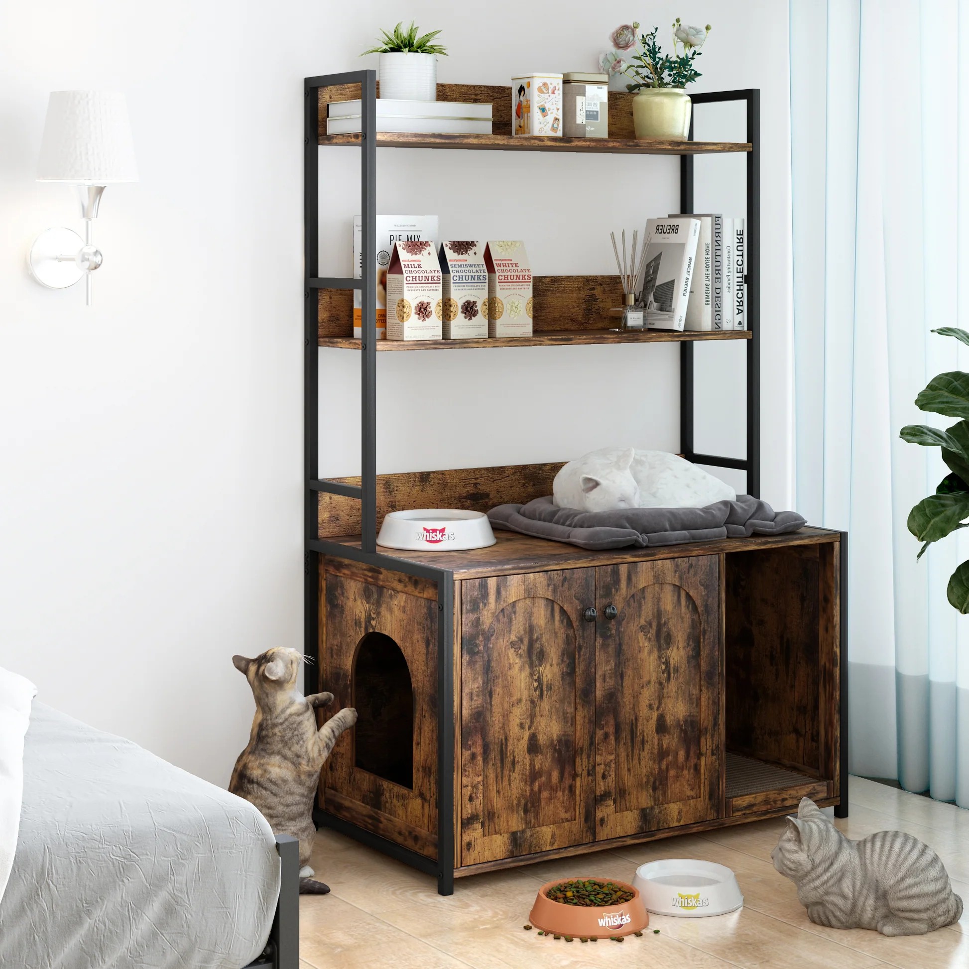 Large Cat Litter Box Enclosure With Shelf Storage, Hidden Cat Washroom Furniture, Wooden Cat House With Scratch Pad, Sturdy Indoor Cat Cabinet With 2 Doors(Brown) W57812552064088959365635121