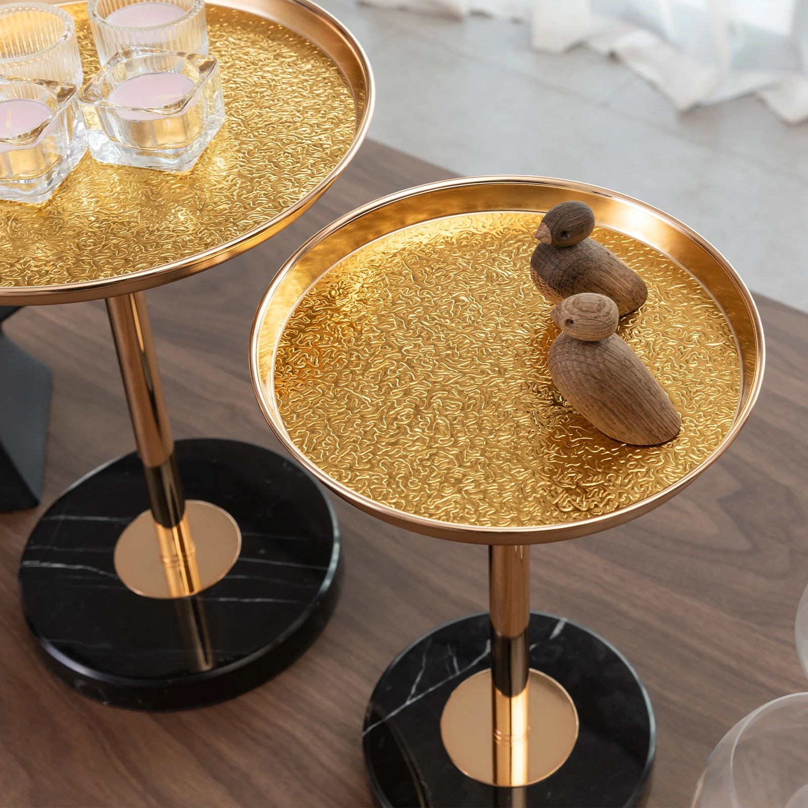 2 Pcs Adjustable Side Table, Small Tea Martini Table, Gold, Natural Marble Decorative Pedestal End Table for Display and Storage W2664P23282463947599818242121