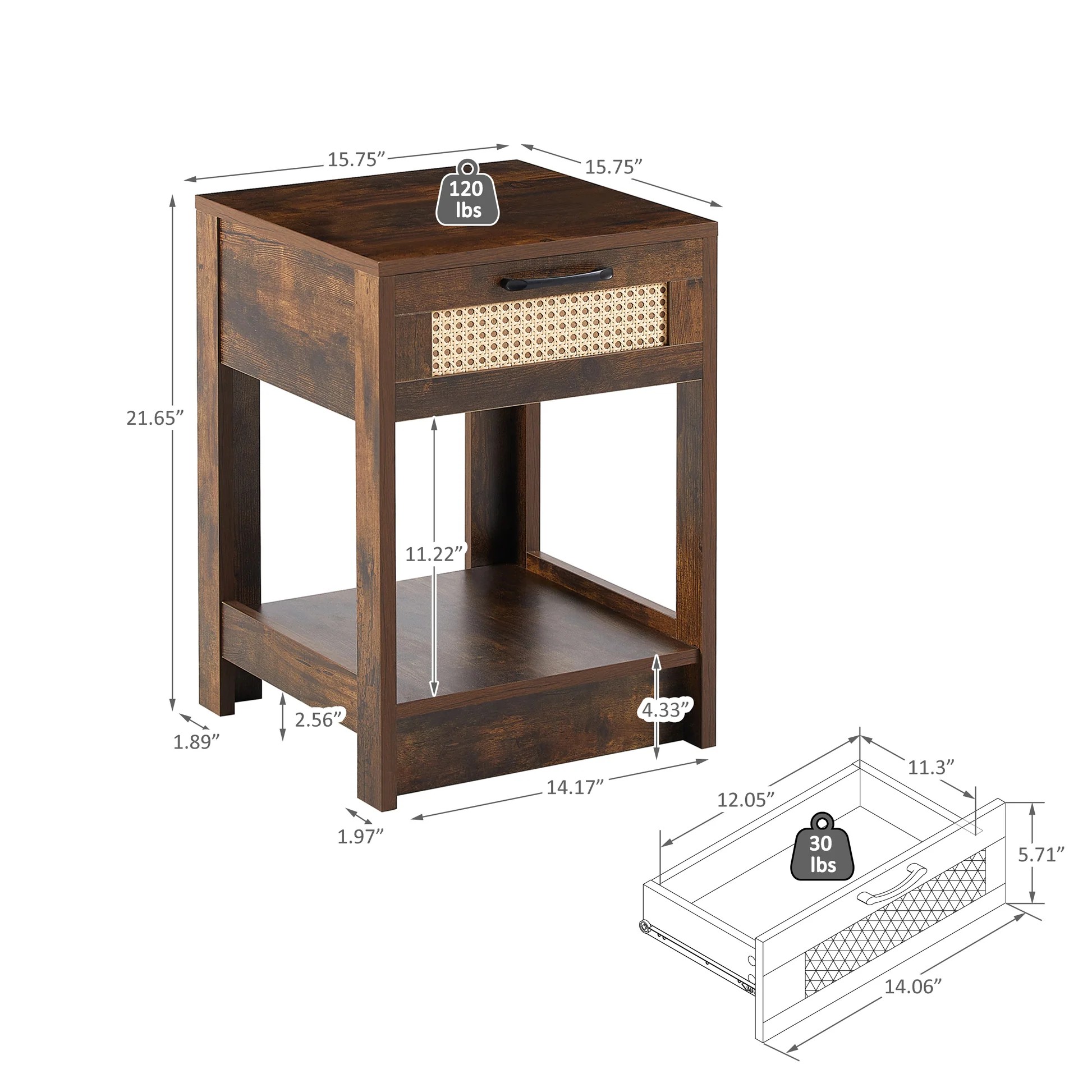 Mesa auxiliar de ratán de 15.75", mesita de noche moderna, mesa lateral para sala de estar, dormitorio, marrón rústico W12657310963999277107842121
