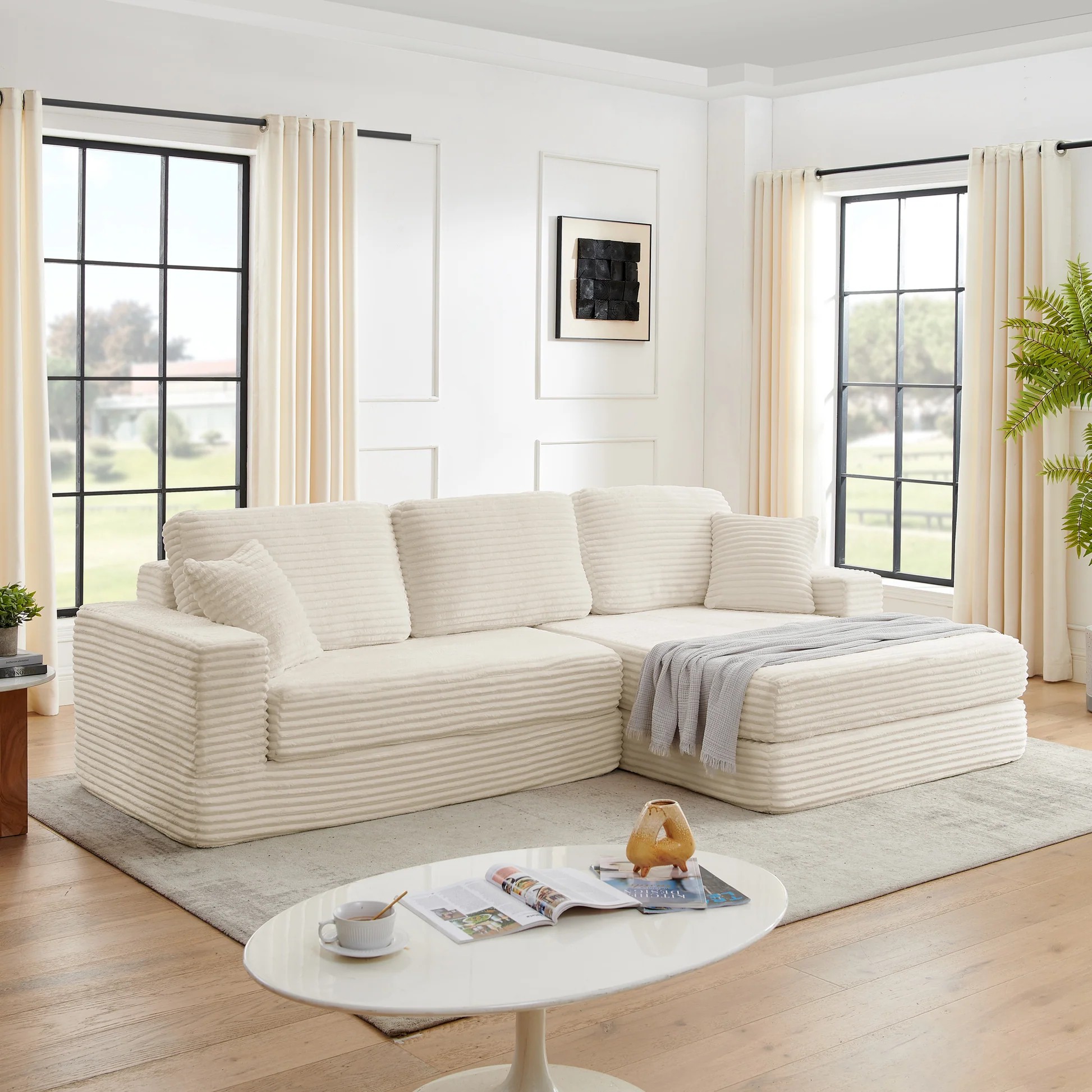 Sofá cama minimalista moderno de terciopelo con forma de L, beige, interior de espuma W487S0030163889111679875121