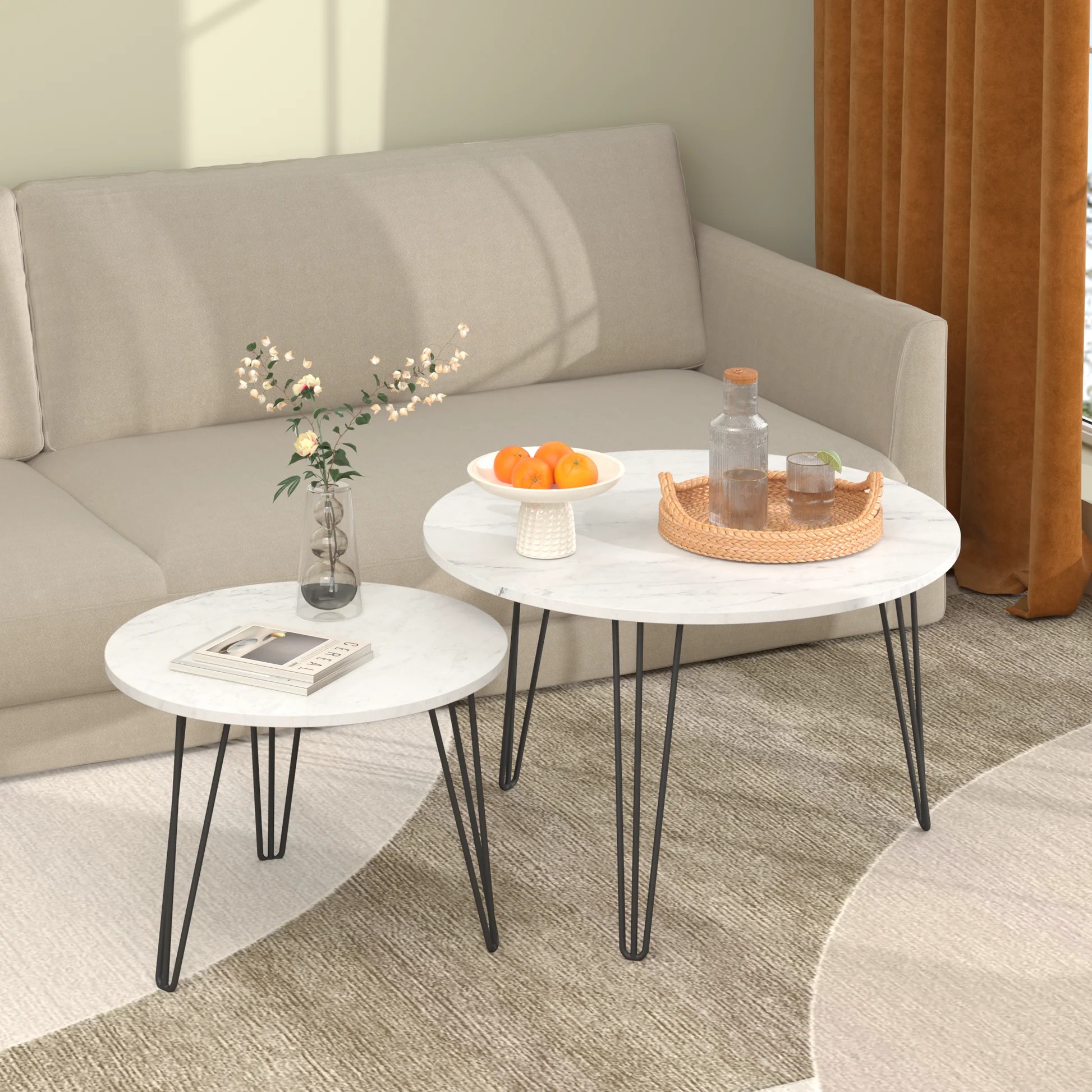 27.56'' Round Nesting Coffee Table Set of 2, Circular Nesting End Table Set, Round Marble Tabletop, and Sturdy Metal Base for Living Room, bedroom, White W808P17673763932022654211121