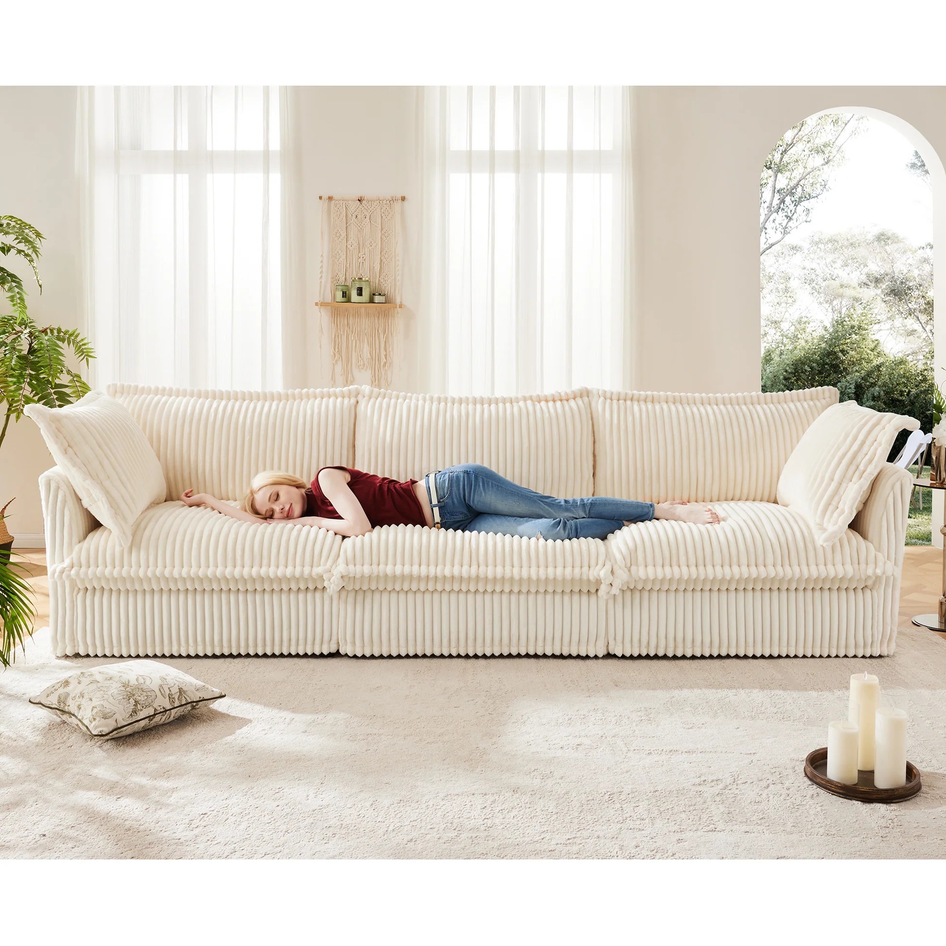Sofá con funda extraíble, sofá moderno de 3 plazas con reposabrazos suaves, sofá de asiento profundo con múltiples cojines grandes suaves, cómodo sofá para sala de estar, apartamento, tela color crema de raso W3041S0002063889101307009120